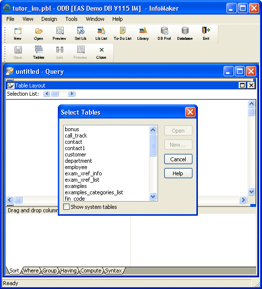 Shown is the Select Tables dialog box with a scrollable list of tables.