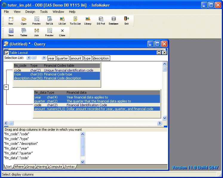 Shown is the table layout view with the two tables connected at their code columns. Above them is a Selection list with the columns year, quarter, anount, type, and description arranged left to right.