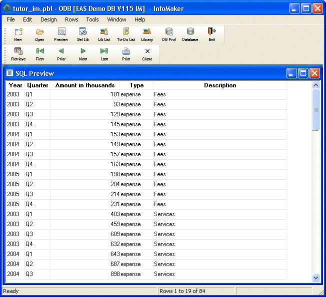 Shown is a Sequel Preview of the query with rows of data displayed in the five columns that were selected. The columns are labeled Year, Quarter, Amount in thousands, Type, and Description.