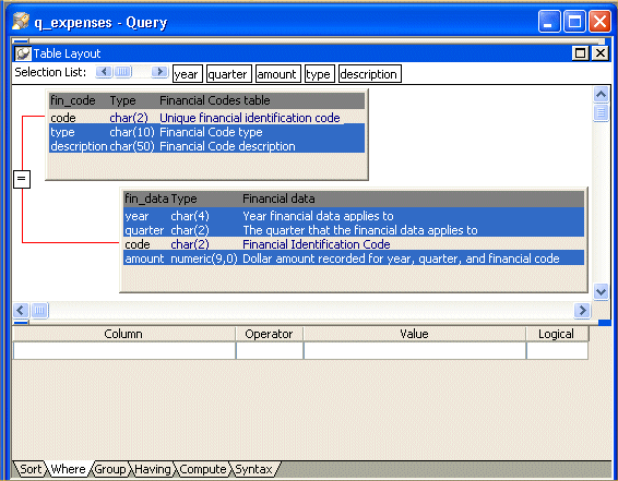 Shown is the Where tab with columns labeled Column, Operator, Value, and Logical.