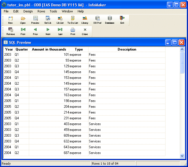 Shown is the Sequel Preview screen with the entry expense in the Type column for every row of data.