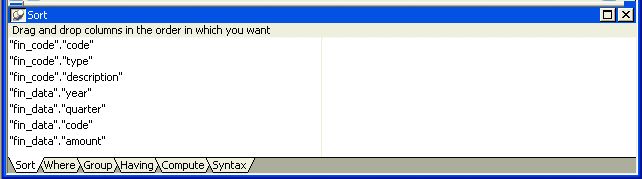 Shown is the Sort tab at the bottom of the workspace with a list of columns on the left with entries such as " fin _ data " dot " year " and " fin _ code " dot " description ".