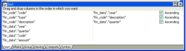 Shown is the Sort tab at the bottom of the workspace with a list of columns on the left with entries such as " fin _ data " dot " year " and " fin _ code " dot " description ". On the right is a list of three columns that were selected. Each has a selected check box for Ascending order next to it.