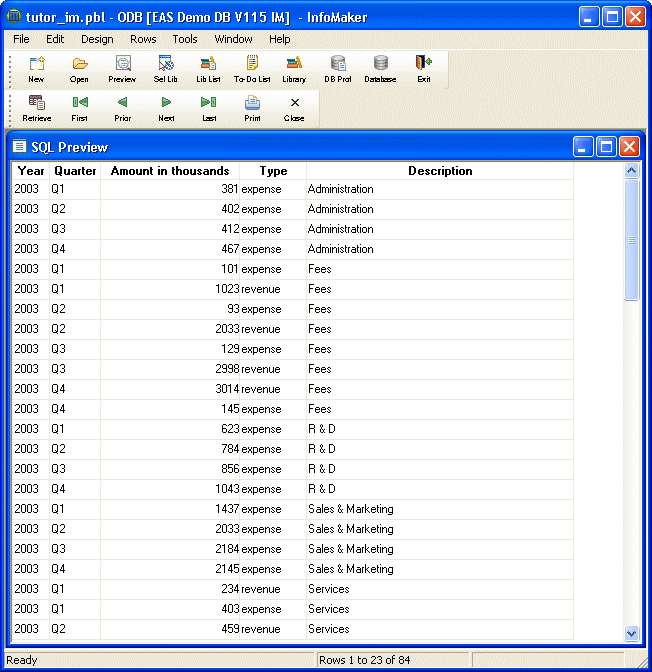 Shown is the Sequel Preview screen with the rows of data sorted by Year, with all the visible entries showing 1995, then alphabetically by Description, with a group of entries for Administration followed by a group of Fees entries and then R and D entries. Within each group formed by Description, the entries are further sorted by quarters 1 through 4.