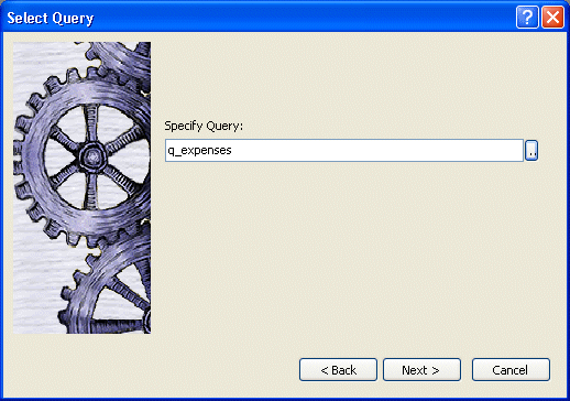 Shown is the Select Query screen with a box labeled Specify Query that displays the entry q _ expenses. 