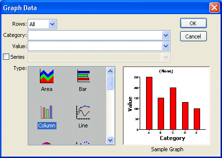 Shown is the Graph Data dialog box. It has drop downs for Rows, Category, Value, and Series, a box at bottom left with icons for the graph types, and a sample graph box on the right that displays a sample for each type as it is selected.