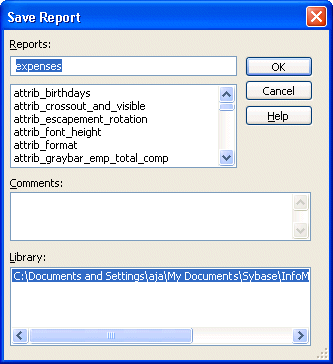 Shown is the Save Report dialog box. At top is the Report box with the entry expenses highlighted.