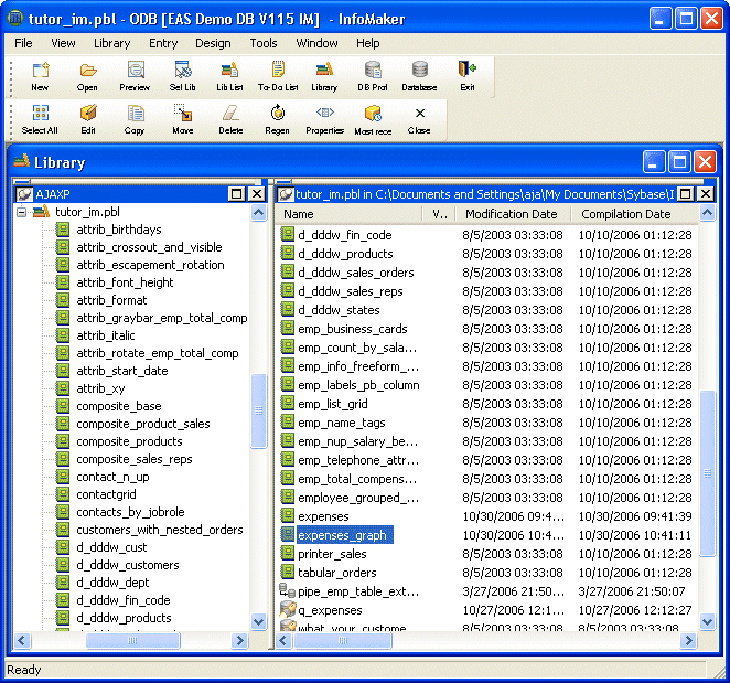 Shown is the Library painter work space. On the left is a tree view with tutor _ i m  dot pibble expanded. At right is a  list view with columns labeled Name, V dot dot dot, Modification Data, and Compilation Date. All the forms, queries, reports, and pipelines for the current library are listed.. The expenses _ graph is highlighted.