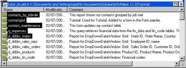 Shown is the  list view with columns labeled Name,  Modification, and Comment. Forms, queries, reports, and pipelines for the current library are listed. Five objects selected in this step of the lesson are highlighted.