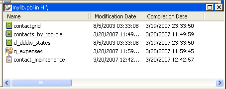 Shown is the Library painter with columns for Name, Modification Date, and Compilation Date. Listed are contact grid, contacts _ by _ job role, d _ d d d w _ states, q _ expenses, and contact _ maintenance.