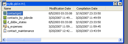 Shown is the Library painter with columns for Name, Modification Date, and Compilation Date. Listed are contact grid, contacts _ by _ job role, d _ d d d w _ states, q _ expenses, and contact _ maintenance. Contact grid is circled.