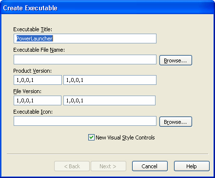 Shown is the Create Executable dialog box with text boxes for Executable Title and File Name, Product and File Versions, and the Executable Icon. The File Name and Icon boxes have Browse buttons. At bottom is a selected check box for New Visual Style Controls.