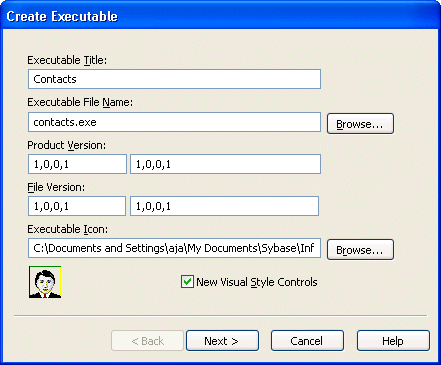 Shown is the Create Executable dialog box with text boxes for Executable Title and File Name, Product and File Versions, and the Executable Icon. The File Name  box entry is Contacts, the Executable File Name box shows the entry contacts dot exe, and the Executable Icon box shows the path to emp dot i c o.