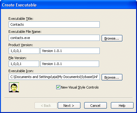 Shown is the Create Executable dialog box with text boxes for Executable Title and File Name, Product and File Versions, and the Executable Icon. The Product and File Version boxes on the left show the entry 1 comma 0 comma 0 comma 1. The Product and File Version boxes on the right show the entry Version 1 dot 0 dot 1.