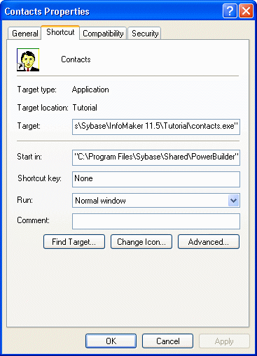 Shown is the General tab page of the Properties sheet for the Contacts shortcut. It shows the shortcut, lists its Type, Location, Size, M S DOS name, and the dates and times it was Created, Modified, and Accessed, and shows check boxes for its attributes. The Archive attribute is checked. Read only and Hidden are unchecked.