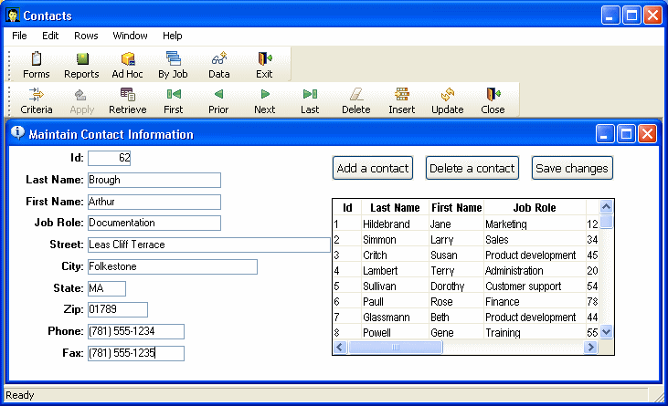 Shown is a completed Maintain Contact Information for a new contact with the I D of 62.