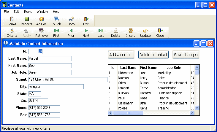 Shown is a Maintain Contact Information form showing all the data for I D 37 as stored in the contacts grid.