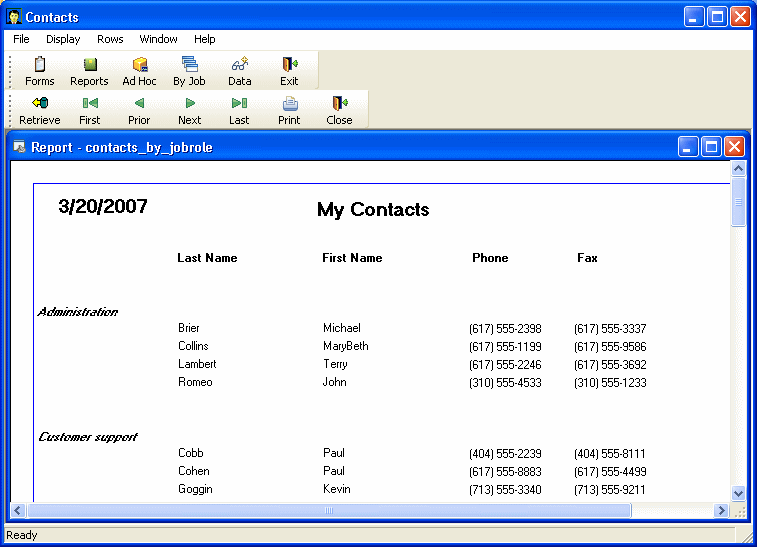 Shown is the contacts _ by _ job role report. At top center is the title My Contacts, and at top left is the date. Under the report’s columns for Last Name, First Name, Job Role, Phone and Fax, rows of data are grouped under the titles Administration and then Customer support. These titles appear in bold and italic type.