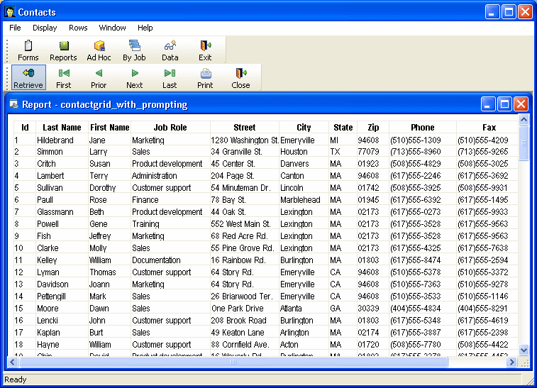 Shown is the report named contact grid _ with _ prompting. It has columns for I d, Last Name, First Name, Job Role, Address, Phone, and Fax. Various entries  such as Marketing and Sales appear in the Job Role column.