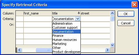 Shown is the Specify Retrieval Criteria dialog box. It is a grid with a row of Column names across the top and two more rows labeled Criteria and Or. Under the column named title, the Criteria cell shows the entry Documentation.