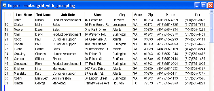 Shown is the report named contact grid _ with _ prompting. It has columns for I d, Last Name, First Name, Job Role, Address, Phone, and Fax. All the entries  have either a Last Name starting with the letter c or an address in the City of Atlanta.