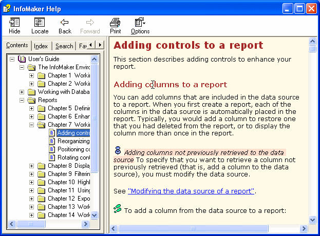 The sample shows the Info Maker Help window. At top are buttons labeled Hide, Back, Forward, Print, and Options. At left is the Contents tab with an expanded tree view of topics in a User’s Guide. At right the content for the selected topic is displayed.