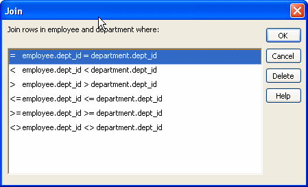 The sample shows the Join dialog box, listing all available join operators.