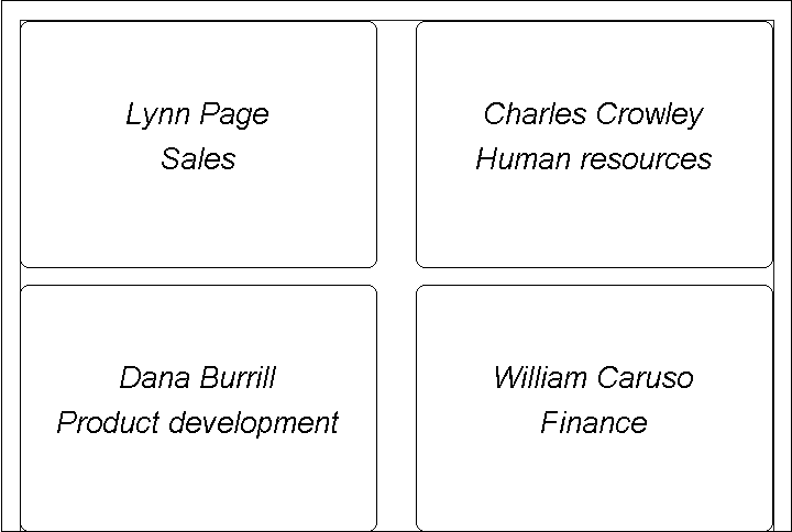 The sample shows Label style used for name tags. Each tag is a small rectangle with two lines of centered text for name and department.