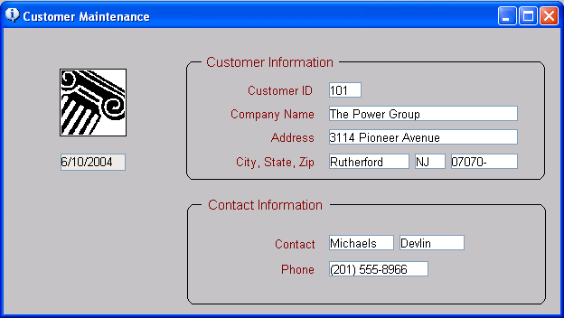 The sample shows a free form form titled Customer Maintenance with the date displayed under an icon at left. At upper right is a box labeled Customer Information with fields for Customer I D and Company Name and Address. Below it is a box labeled Contact Information with fields for contact name and phone number. 