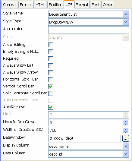 The sample shows the Edit Style dialog. At the top are fields for Name, shown here as Department List, and Style, shown as Drop Down D W. The remainder of the sample shows an Options area. It has a Data Window box showing d _ d d d w _ d e p t, a Display Column box showing d e p t _ name, and a Data Column box showing d e p t _ i d. A box for Lines in Drop Down shows no value. Width of Drop Down shows 300 %. Limit is 0, Case is Any, and Accelerator is undefined. A box for V Scroll Bar is checked. Many other options are left unchecked.