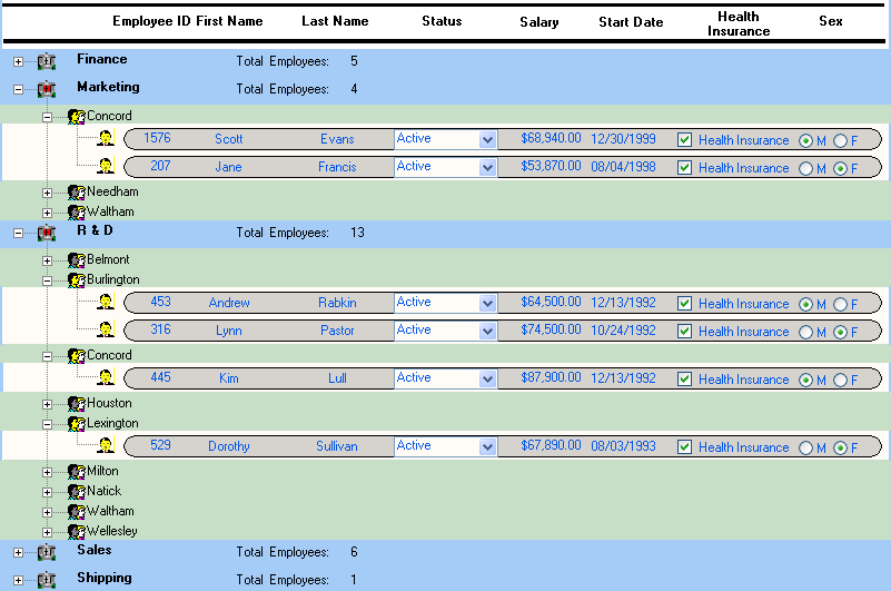 The TreeView report shows a tree view with departments, such as Finance and Marketing at the top level. Some departments are expanded to show a location at the next level and details for individual employees at that location. 