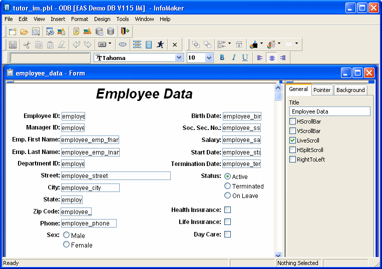 Shown is the Form painter Layout view for a Freeform form style. At top are a menu and three toolbars, then a field displaying the selected form, which is Employee Data, the font, which is Arial, the point size, which is set at 20, and buttons for Bold, Italic, and Underline. Below this at left is a partial view of the layout of the data, and at left is the General tab with a selected check box for Visible, a Border drop down list with No Border ( 0 ) selected, an Alignment dorp down set at Center ( 2 ), and a box labeled Text with the entry Employee Data. 