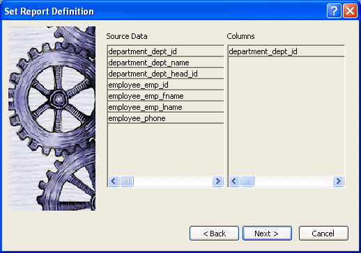 Shown is the Set Report Definition dialog box.