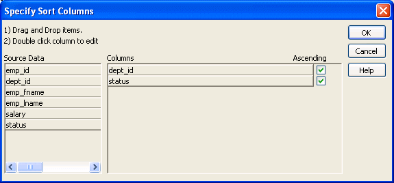 Shown is the Specify Sort Columns dialog box.