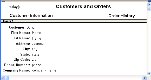 The Design View shows the Header band for the Customers and Orders report that includes the text Customer Information on the left as the title of the base report and the words Order History on the right. In the Detail band, labels and columns display on the left for all the data that belongs to the base report. The area on the right is blank.