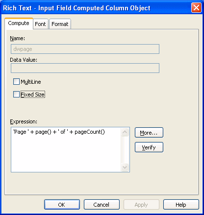 The sample shows the Compute page of the Rich Text - Input Field Computed Column Object dialog box. Displayed at top is a Name box showing the name d w page, then an empty box for Data Value. At the bottom is an Expression box where you specify the expression for the computed field. It displays ’ Page ’ + page ( )  + ’ of ’ + page Count ( ).