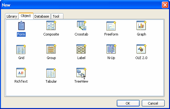 The sample shows the Object tab page, which displays a series of labeled icons. The icons shown are Form, Composite, Crosstab, Freeform, Graph, Grid, Group, Label, N - Up, OLE 2 point 0, Rich Text, and Tabular.