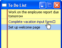 The sample shows a small window titled the To Do List with two sample items. Pointing to the second item is a picture of a hand.