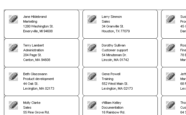 This sample report shows a portion of a sheet of mailing labels laid out in columns and rows, each with a name and address and a decorative image of a car on the left side of the label.