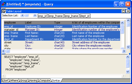 The sample shows the Query painter with Table layout for the employee table at top and the Sort page displayed at bottom. Selected from the employee table drop down list are four columns.The columns have been dragged and dropped into the Sort box in the desired sort order.