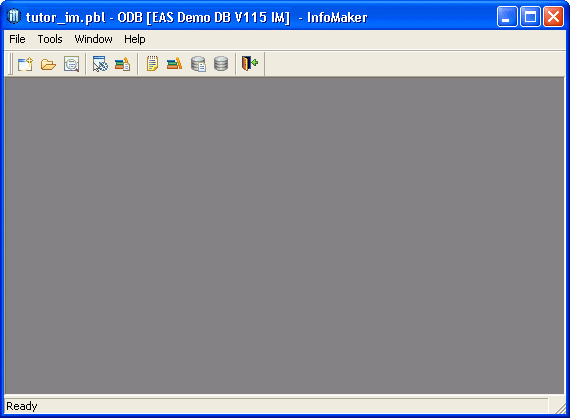 The sample shows the window that displays when Info Maker starts. Across the top is a menu bar showing the items File, Tools, Window, and Help. Below this is the PowerBar with the icons users can click as an alternative to using menus. The icons shown are for performing  tasks such as creating a new object, opening an existing object, changing libraries, or accessing a database.