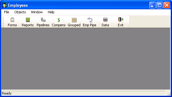 Shown is a sample main window titled Employees with a menu bar at top with the options File, Objects, Window, and Help. Below this is a toolbar with icons labeled Forms, Reports, Pipelines, Total Comp, Salary / Dept, Emp Pipe, Emp Data, and Exit. 