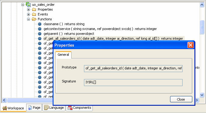 Shown is the System Tree with the object n v o _ database expanded. Indented under the object is an expanded Functions folder with the highlighted function of _ g et _ trans ( ref transaction a t r _ trans ) returns ( none ). Superimposed on this is the General tab of the Properties screen with a Prototype field displaying of _ get _ trans ( ref transaction a t r _ trans ) returns ( none ) and a Signature field displaying Q R C transaction.