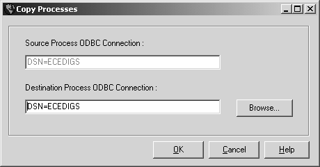 This figure is a screenshot of the Copy Processes dialog box where you enter the D S N in the destination process O D B C connection text box.