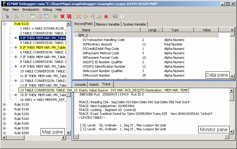 Figure 1-1 is screenshot of the main E C Map Debugger window showing a debug session in progress with the command being executed highlighted in yellow in the Map  pane. In the Data pane on the upper right, the record field that is affected by the command is displayed. In the Monitor pane on the lower right, the items in the trace file are displayed as the trace is being generated. 