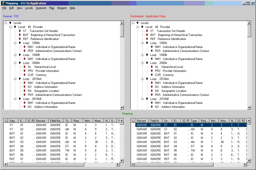 Figure 1-2 is a screenshot of the E D I to E D I mapping window showing source E D I file containing inbound transaction in the upper left pane and destination E D I file containing outbound transaction in the upper right pane. The lower section of the E D I to E D I mapping window shows a left pane for inbound element mapping and a right pane for outbound element mapping.