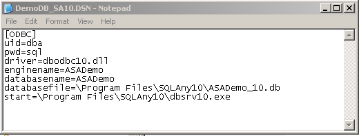 Shown are the contents of the D S N file. This D S N file sets the user I D, password, driver, engine name, database name, database file, and start line.