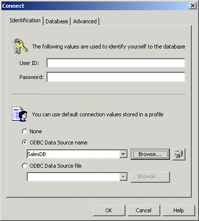 Shown is the Connect dialog box for connection to a Sequel Anywhere database. The O D B C Data Source Name radio button is selected and Sales D B is selected as the data source for the connection.