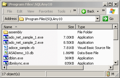 Shown is the Explorer view of the SQL Anywhere directory on the Pocket P C device.