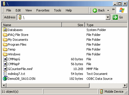 Shown is the Explorer view of the root directory on the Pocket P C device. 